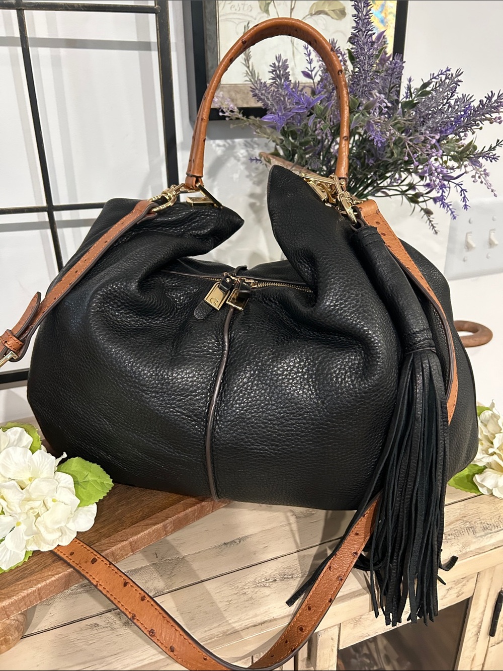 G.I.L.I. Black Pebbled Leather Hobo with Tan Strap